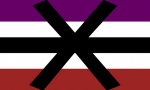 Apothi Flagge: lila-weiß-schwarz-weiß-dunkelrot und ein großes schwarzes X über die ganze Flagge