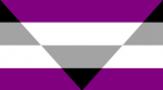 Ageo Flagge: schwarz-grau-weiß-lila in der Mitte ist eine Dreieckfläche in der die Farben auf umgekehrt angeordnet sind