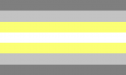 Demienby-Flagge: gestreift dunkelgrau-hellgrau-gelb-weiß-gelb-hellgrau-dunkelgrau